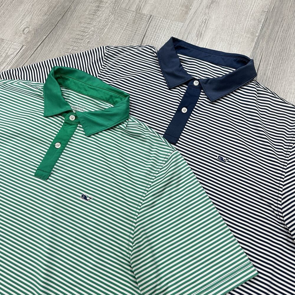Lot Of 2 Vineyard Vines Performance Polos Men's Large Blue Green Striped Shirts